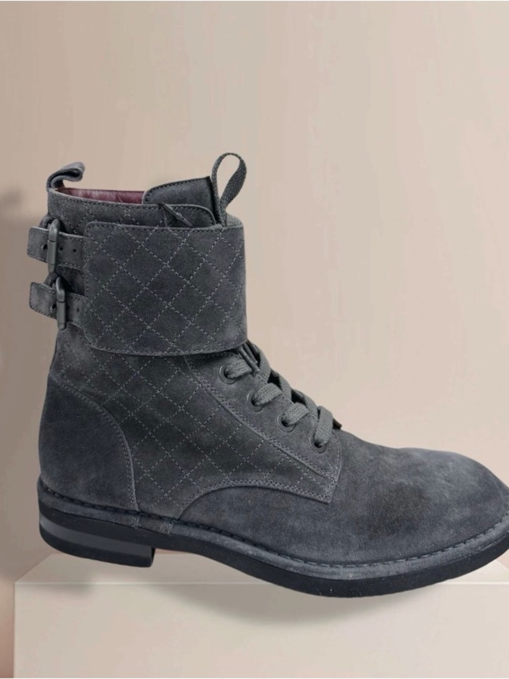 CHANEL Quilted Suede Combat Boot in Charcoal Gray 41.5